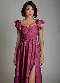 Azazie Anaya Bridesmaid Dresses Mulberry A-Line Ruched Floral Burnout Dress image3