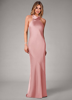 Azazie Velli Suknie dla druhen Syrena Wysoka Kołnierz Satyna elastyczna Do ziemi Sukienka image4