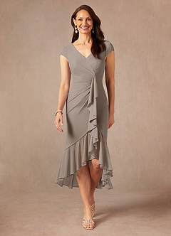 Azazie Renetta Mother of the Bride Dresses Taupe Sheath V-Neck Pleated Mesh Dress image1