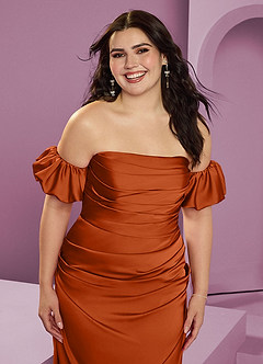 Barbie ♥ Azazie Robes de demoiselle d'honneur Robe Fourreau Convertible en Satin extensible Épaule décolletée Orange Brûlée image15