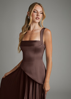 Azazie Stephanie At-home Try On Dresses Burgundy A-Line Corset Stretch Satin Dress image3