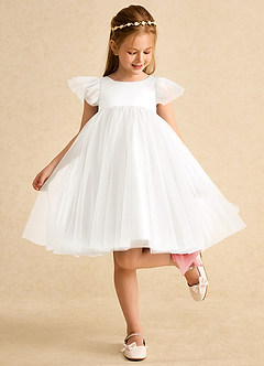 Azazie Munchkin Flower Girl Dresses Ivory Coral A-Line Bow Tulle Dress image3