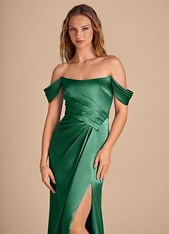 Azazie Shea Bridesmaid Dresses Dark Green Mermaid Off the Shoulder Metallic Satin Convertible Dress image6