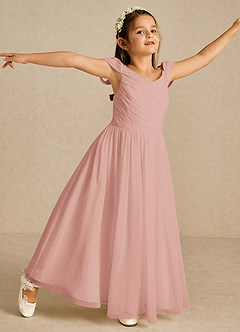 Azazie Chelle Blumenmädchenkleider A-Linie Plissee Chiffon Kleid Rosettenrosa image3