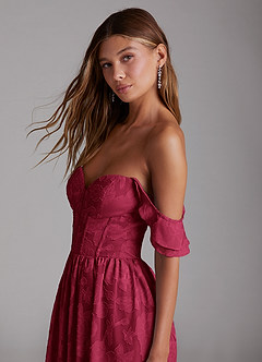 Azazie Denisse Abiti da Damigella Abito A-Line in Burnout Floreale Increspato Borgogna image10