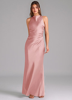 Azazie Evadne Bridesmaid Dresses Powder Pink Sheath Pleated Stretch Satin Dress image3