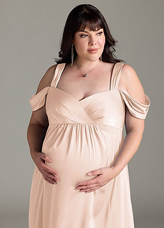 Azazie Rhea Brudepigekjoler til gravide A-Line Off The Shoulder Plisseret Stræk satin Gulv-længde Kjole image12