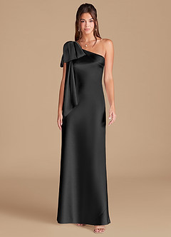 Azazie Capri Bridesmaid Dresses Black Sheath One Shoulder Metallic Satin Dress image3