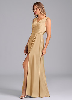 Azazie Karina Bridesmaid Dresses Gold A-Line Pleated Stretch Satin Dress image3