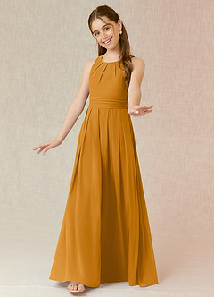 Azazie Bibiane Junior Vestido Caramelo de Chiffon de Linha A com Plissado image4