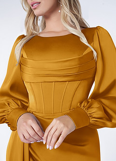 Azazie Raye Robes de demoiselle d'honneur Robe Sirène en Satin extensible Manche longue Caramel écossais image5