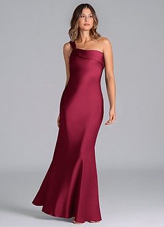 Azazie Driea Bridesmaid Dresses Burgundy Mermaid One Shoulder Stretch Satin Dress image3