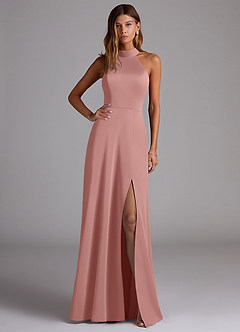Azazie Myra Bridesmaid Dresses Rosette A-Line Side Slit Stretch Satin Dress image1