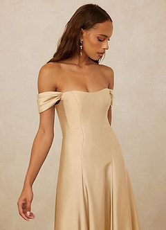 Christian Siriano Bridal for Azazie 1002 Robes de demoiselle d'honneur Robe Trapèze Convertible en Satin extensible Épaule décolletée Or image13