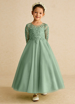 Azazie Precious Flower Girl Dresses Matcha A-Line Lace Tulle Dress image4