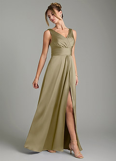 Azazie Karina Bridesmaid Dresses Moss Green A-Line Pleated Stretch Satin Dress image4