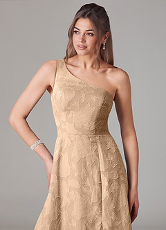 Azazie Ellianna Bridesmaid Dresses Champagne A-Line One Shoulder Floral Burnout Dress image6