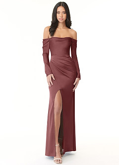 Azazie Hallie Vestidos de damas de honor Vestido de Acai de Satén Elástico de Recto Convertible con Manga larga con hombros descubiertos image3
