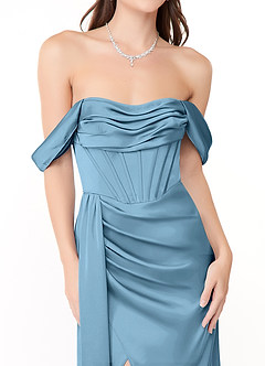 Azazie Amyra Bridesmaid Dresses Steel Blue Sheath Off the Shoulder Stretch Satin Convertible Dress image8