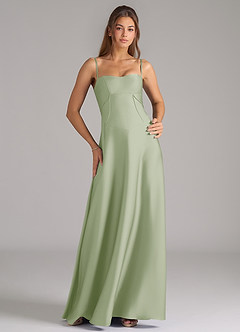 Azazie Valentine Robes de demoiselle d'honneur Robe Trapèze en Satin extensible Corset Vert Sauge image1