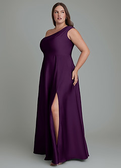 Azazie Melanie Bridesmaid Dresses Grape A-Line Off the Shoulder Stretch Satin Dress image11