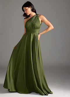 Azazie Charlize Bridesmaid Dresses Olive A-Line One Shoulder Stretch Satin Dress image5
