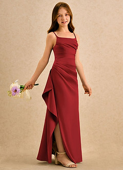 Azazie Cannoli Girls Formal Blumenmädchenkleider A-Linie Plissee Stretch-Satin Kleid Granatapfelrot image1