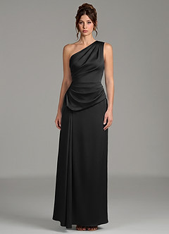 Azazie Zahira Vestidos de damas de honor Vestido Negro de Satén Elástico de Corte Recto con Un hombro image3