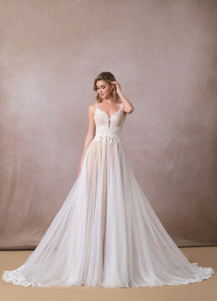 Azazie Devi Vestidos de novia Vestido de Blanco Diamante Nude de Tul de Corte en A con Encaje Cuello V image11