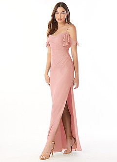 Azazie Emeralda Robes de demoiselle d'honneur Robe Fourreau en Mousseline de soie Épaule décolletée Rosette image1