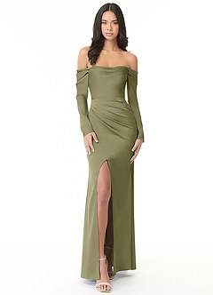 Azazie Hallie Bridesmaid Dresses Pistachio Sheath Off-The-Shoulder Long Sleeve Stretch Satin Convertible Dress image4