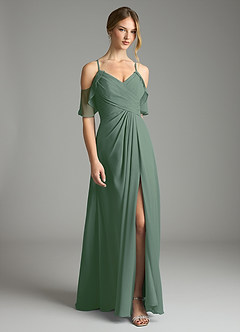 Azazie Dakota Vestidos de damas de honor Vestido de Eucalipto de Gasa de Corte en A con Cuello en V plisado image3