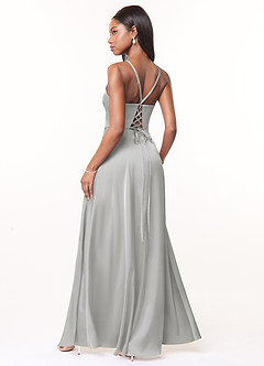 Azazie Maksim Bridesmaid Dresses Silver A-Line V-Neck Stretch Satin Dress image2