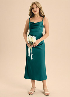 Azazie Mai Junior Skede Plisseret Stræk satin Te-længde Junior brudepige Kjole image4