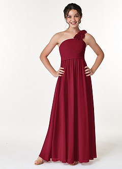 Azazie Flower Junior Burgundy A-Line Pleated Chiffon Dress image1