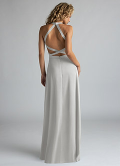 Azazie Clarice Bridesmaid Dresses Silver A-Line High Neck Stretch Satin Dress image3