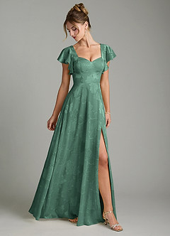Azazie Bondi Bridesmaid Dresses Eucalyptus A-Line Ruched Floral Jacquard Burnout Dress image3