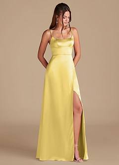 Azazie Halsey Bridesmaid Dresses Canary A-Line Side Slit Metallic Satin Dress image1