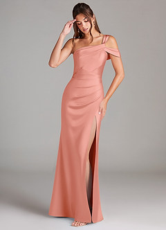 Azazie Wynter Bridesmaid Dresses Coral Sheath Off the Shoulder Stretch Satin Dress image3