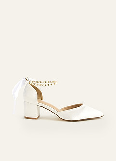 Satin Pearl and Bow Pointed Toe Block Heels