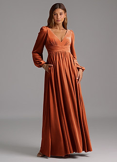 Azazie Norah Bridesmaid Dresses Burnt Orange A-Line Long Sleeve Velvet Dress image5