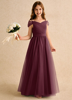 Azazie Yuna Girls Formal Abiti da Ragazza di Fiori Abito A-Line in Tulle Spalle Scoperte Cabernet image1