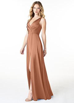 Azazie Nelly Vestidos de damas de honor Vestido de Bronceador de Satén Elástico de Corte en A con Cuello en V Plisado image3