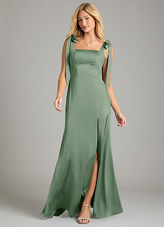 Azazie Frostine Bridesmaid Dresses Matcha A-Line Bow Stretch Satin Dress image4