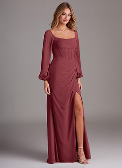 Azazie Charissa Abiti da Damigella Abito Tubino in Chiffon Manica Lunga Merlot image5