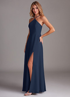 Azazie Bailey Bridesmaid Dresses Dark Navy A-Line Halter Side Slit Chiffon Dress image3