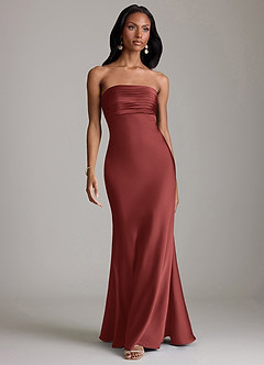 Azazie Saylor Vestidos de damas de honor Vestido Terracota de Satén Elástico de Corte Sirena con Palabra de honor image2