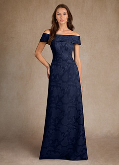 Azazie Medford Mother of the Bride Dresses Dark Navy A-Line Off the Shoulder Floral Burnout Dress image1