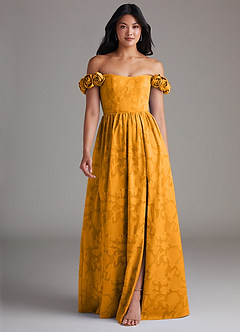 Azazie Autumn Bridesmaid Dresses Butterscotch A-Line Off the Shoulder Floral Burnout Convertible Dress image1
