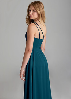 Azazie Maron Junior Ink Blue A-Line Pleated Stretch Satin Dress image2
